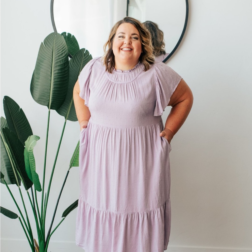 Lavender midi dress, flutter sleeves.